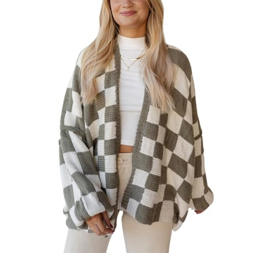 Mxiqqpltky Preppy Cardigan Sweaters Women Y2k Checkered Long Sleeve Open Front Button Down Oversized Plaid Cardigans Sweater(Gray,Small) | Amazon (US)