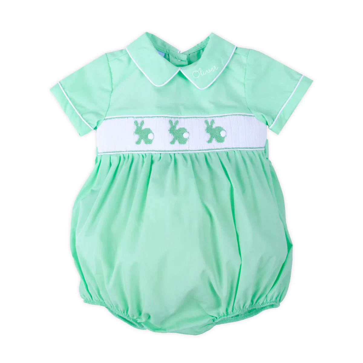 Easter Bunny Smocked Green Gingham Collared Bubble | Classic Whimsy