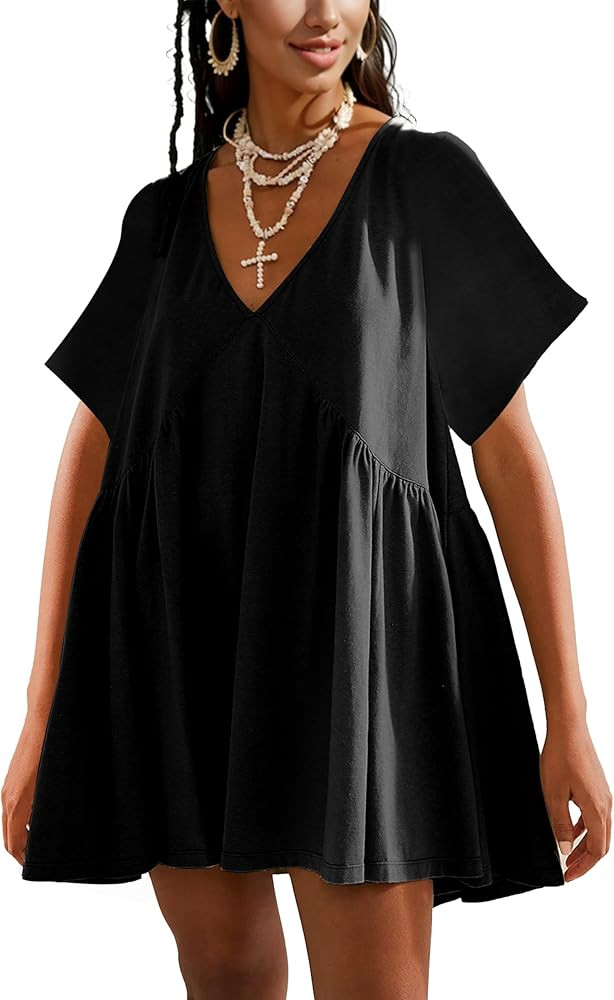 Women Summer Short Sleeve Mini Dress Casual Loose V Neck Flowy Sundress Vacation Tshirt Sun Dress... | Amazon (US)