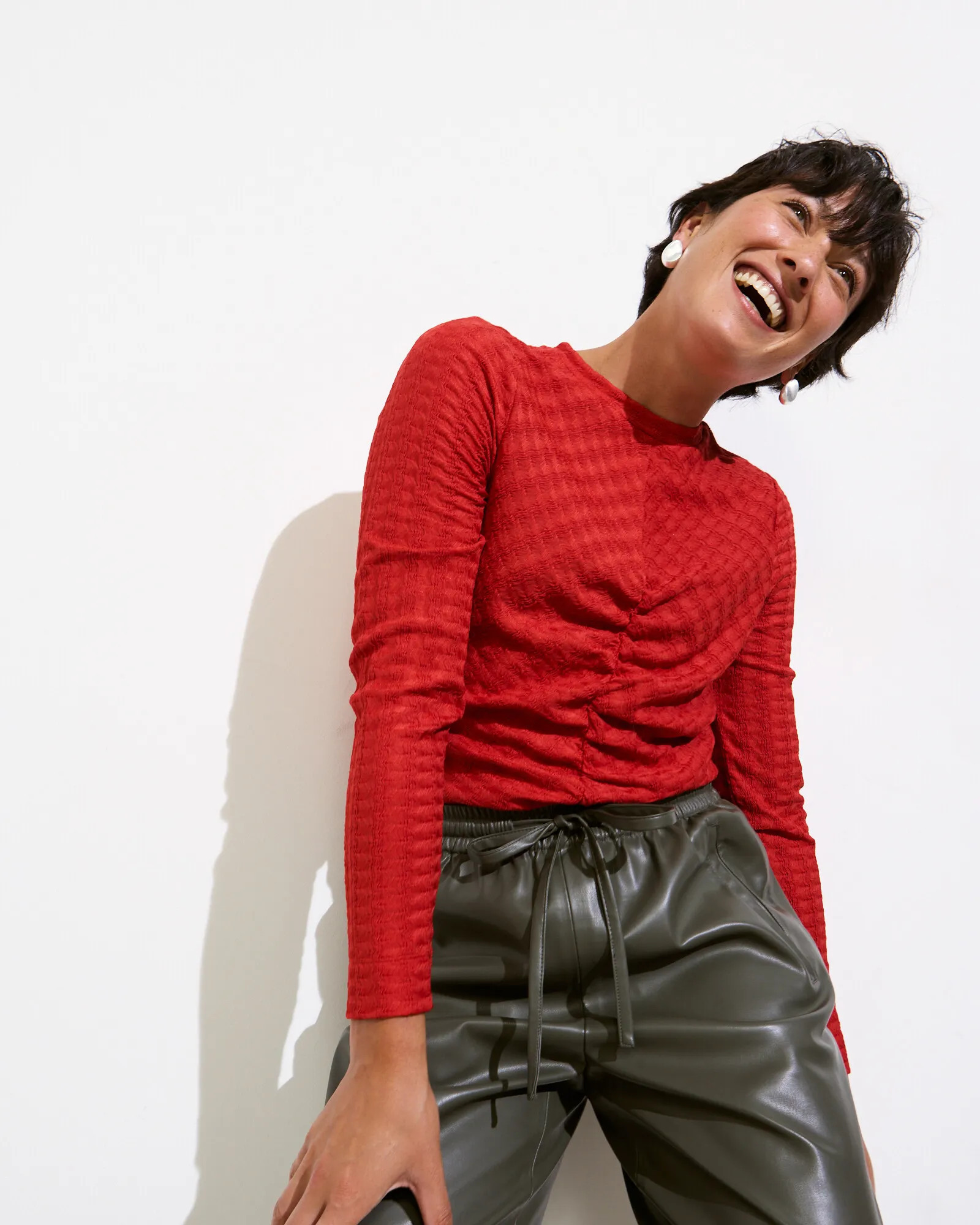 Red Textured Ruched Long Sleeve Top | Oliver Bonas US | Oliver Bonas (Global)