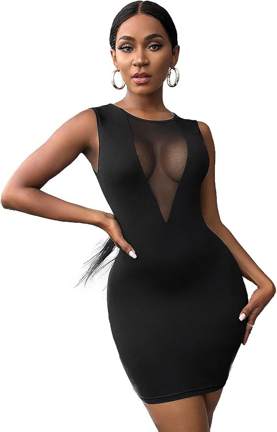 SheIn Women's Mesh Sheer Round Neck Sleeveless Bodycon Pencil Short Mini Tank Dress | Amazon (US)
