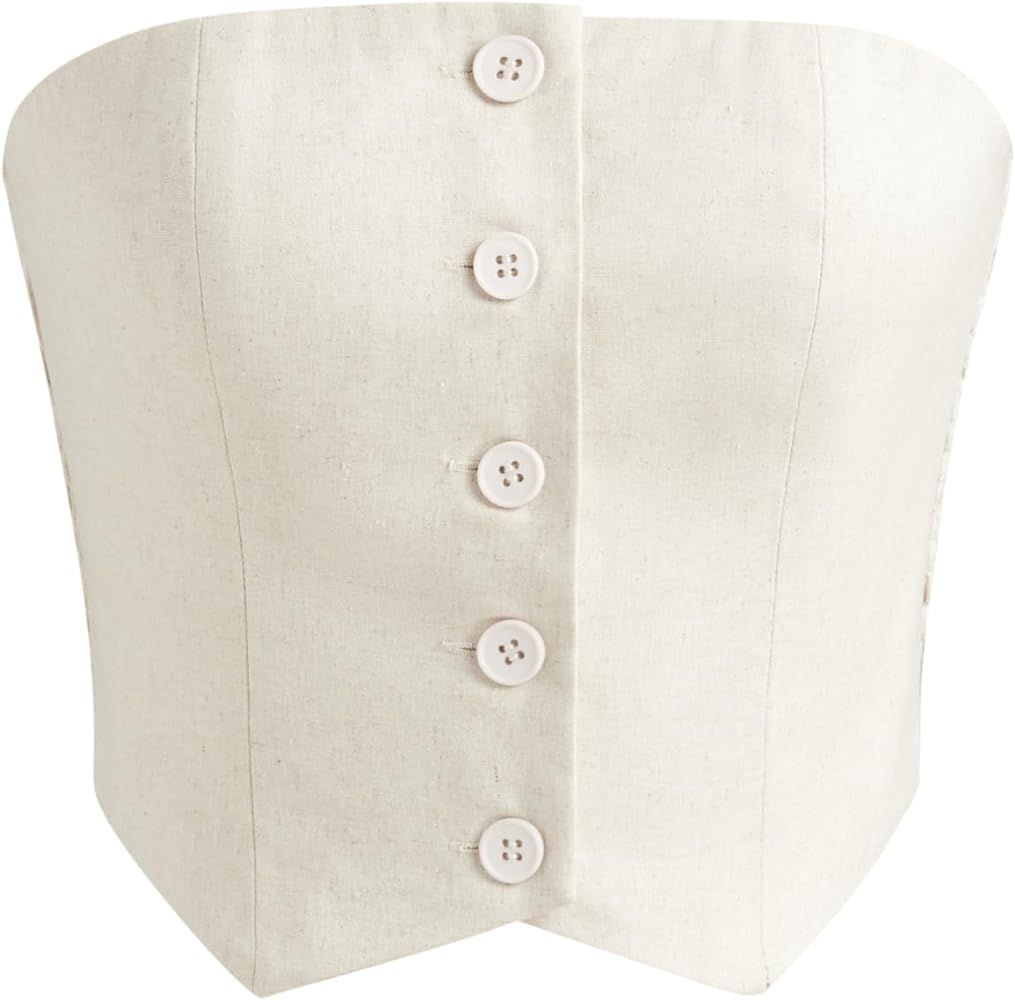 CIDER French Riviera Vacation Linen-blend Button Tube Crop Top | Amazon (US)