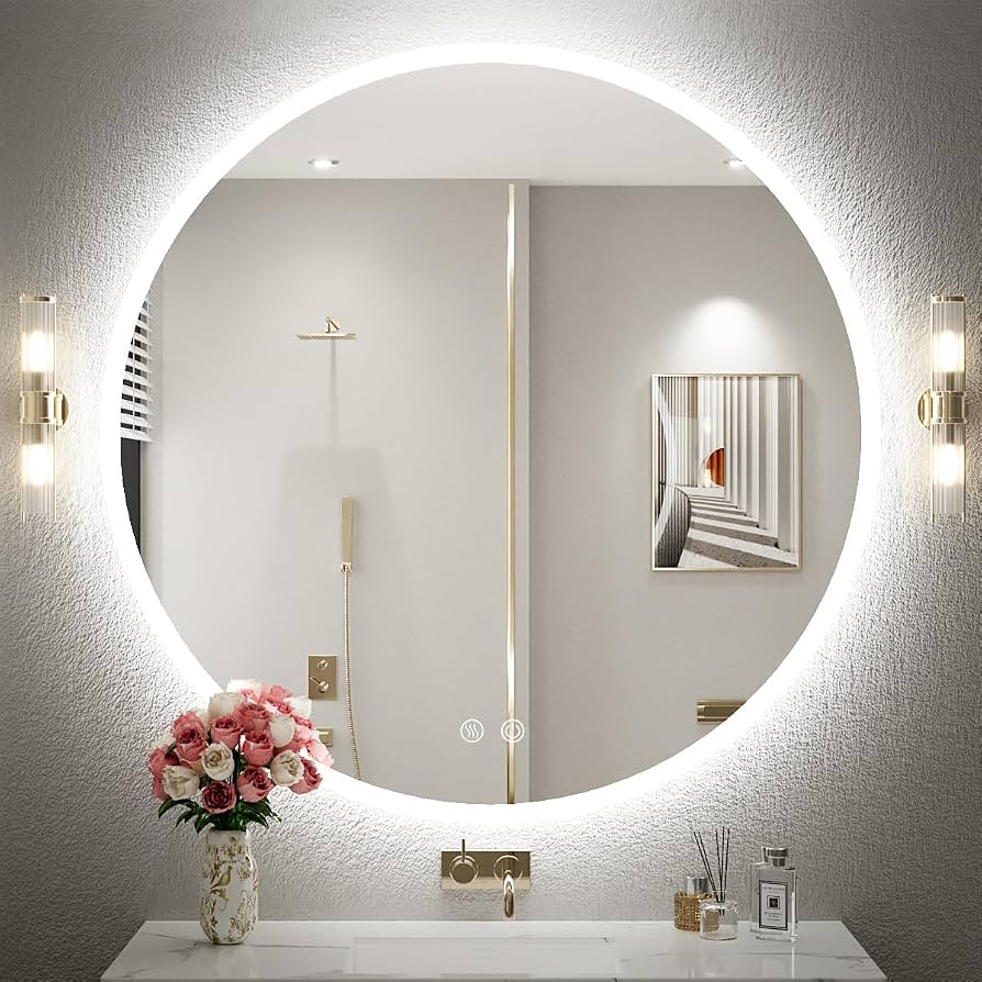 28 Inch Round LED Bathroom Mirror - 6000K Daylight Backlit, Anti-Fog & Dimmable, Frameless Waterp... | Amazon (US)