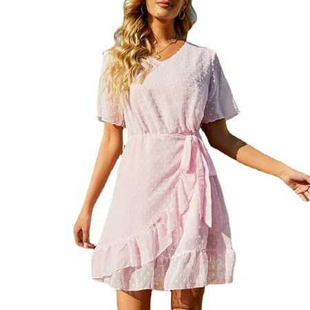 Envmenst Womens Solid Pink Chiffon Jacquard Ruffled Sweet Dress Short Sleeve V Neck Tie-Waist Knee L | Walmart (US)