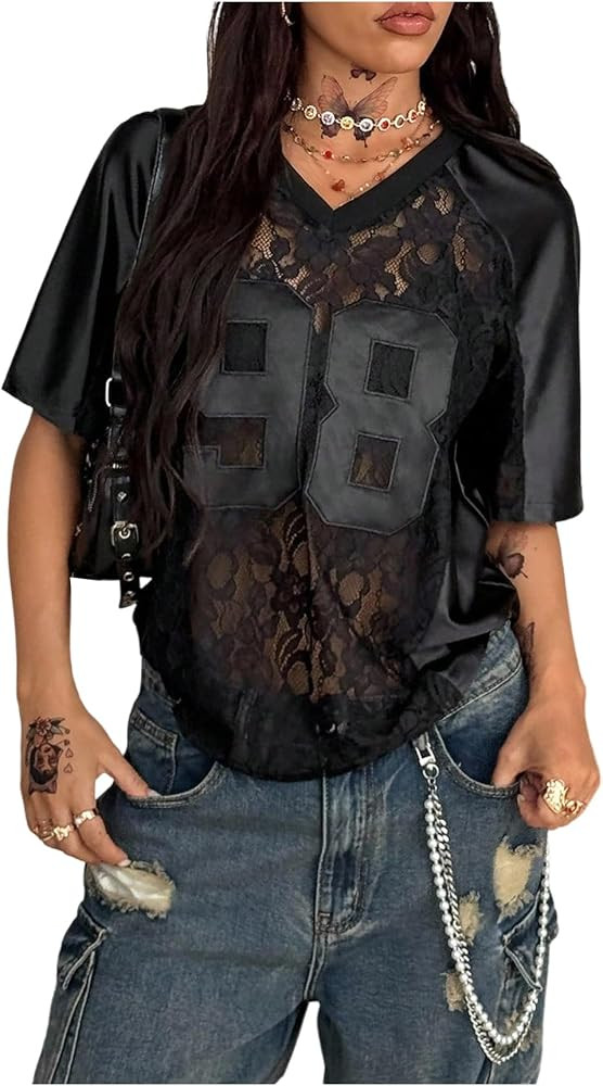 GORGLITTER Women's Lace Jersey Shirts Mesh Sheer Y2K Oversized T Shirt | Amazon (US)