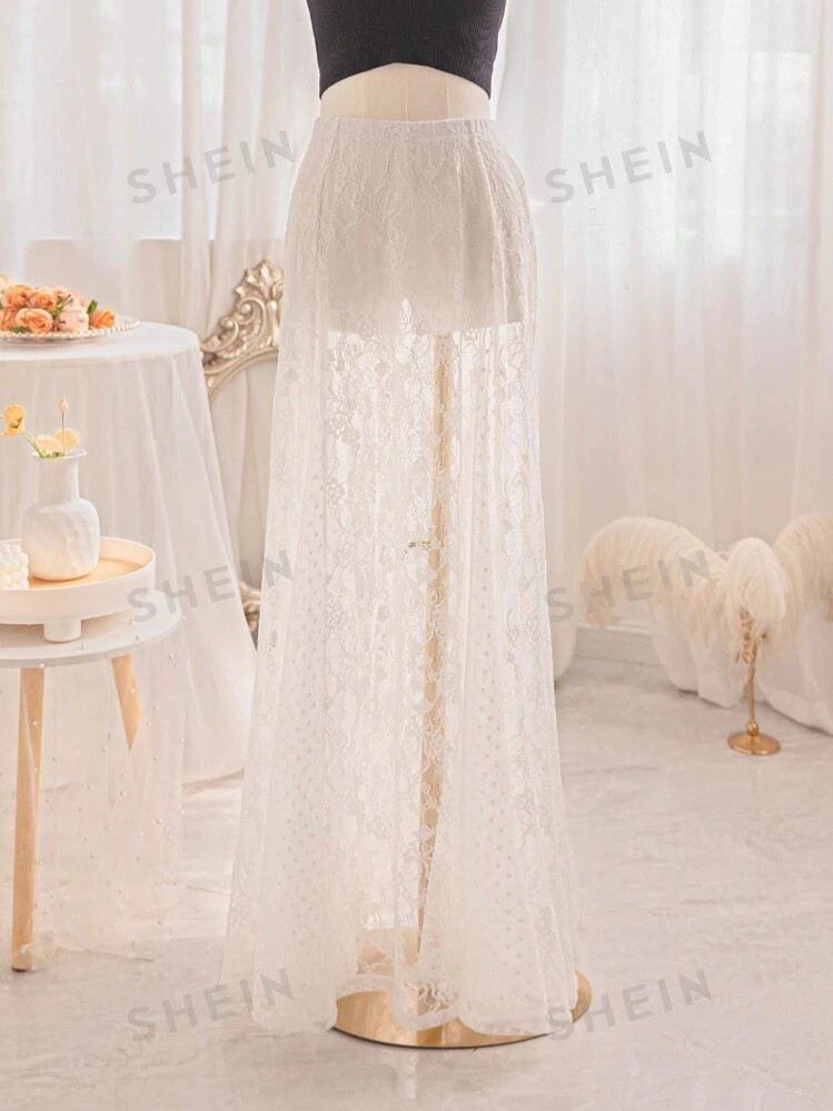 SHEIN WYWH Women's Vacation Style Bohemian White Lace & Mesh Polka Dot Contrast Loose A-Line Skir... | SHEIN