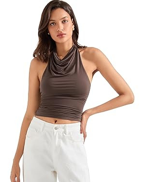 SUUKSESS Women Halter Backless Tank Tops Sexy Cowl Neck Summer Going Out Cami Tops | Amazon (US)