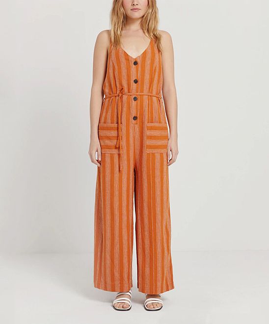 Frank and Oak Women's Jumpsuits organge - Orange Stripe Linen-Blend Sleeveless Button-Up Jumpsuit -  | Zulily