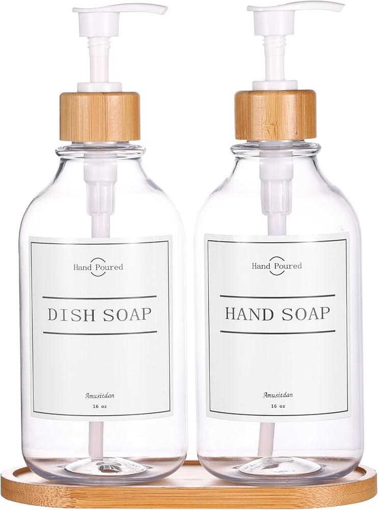 2 Pack Dish Soap Dispenser for Kitchen, 16oz Bathroom Soap Dispenser Set with Bamboo Pump and Soa... | Amazon (US)