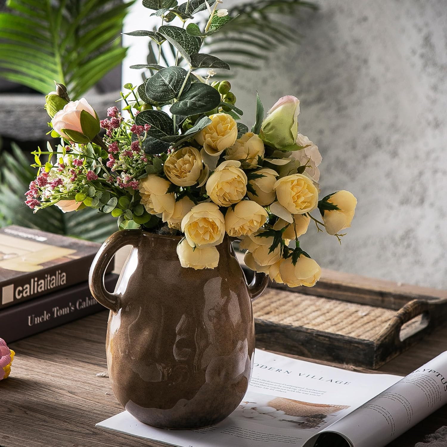 Kimdio Brown Ceramic Vase with 2 Handles, Modern Farmhouse Vase for Home Decor, Vintage Rustic Po... | Amazon (US)