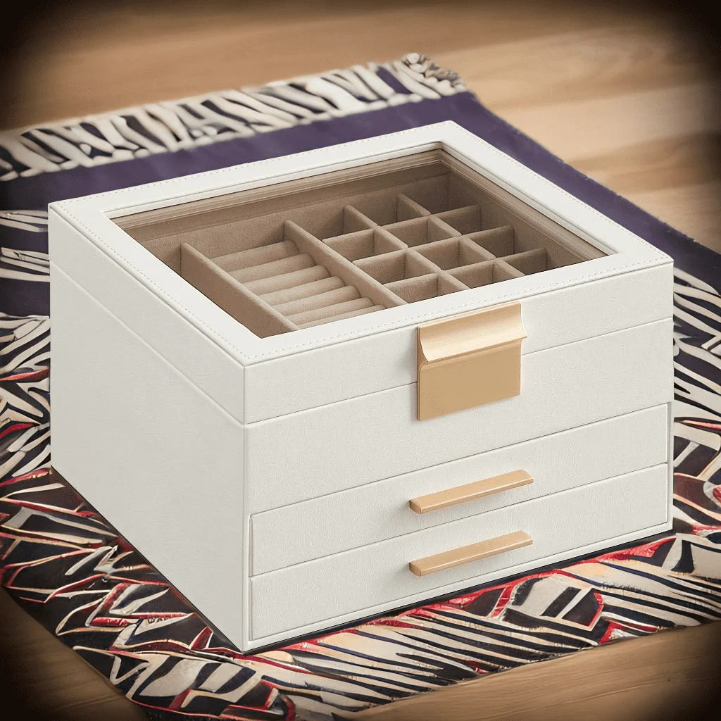 3-Layer Jewelry Organizer with Glass Lid, 2 Drawers, Cloud White & Gold, 8 x 9.1 x 5.3 Inches,Jew... | Walmart (US)