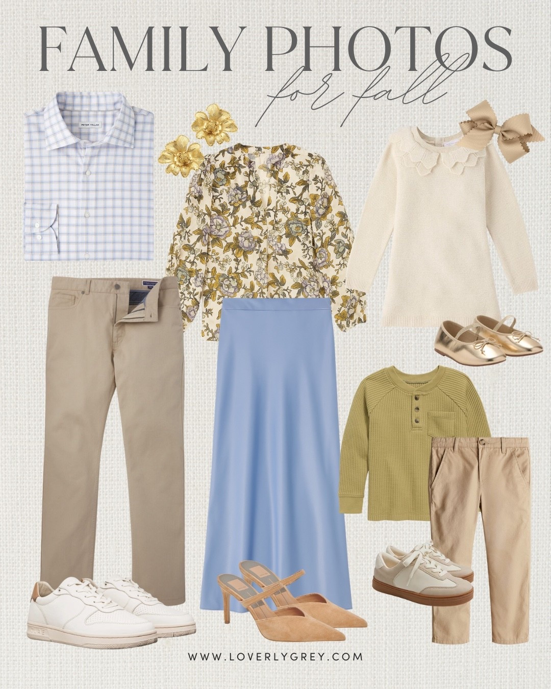 This green & blue floral blouse from Loft makes a brighter color palette for fall family photos, which I love! I also love those faux suede heels - a fall staple heel! 

Loverly Grey, fall family photos, satin skirt, slip skirt, floral blouse, fall blouse, kids outfits, sweater dress, men’s outfits, fall photos 

#LTKFamily #LTKSeasonal #LTKStyleTip