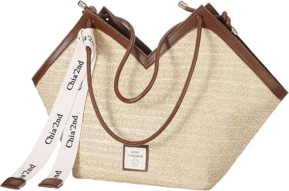 Straw Beach Tote Bag for Women, Summer Woven Tote Bags with Zipper, Portable Shoulder Vacation Pu... | Amazon (US)