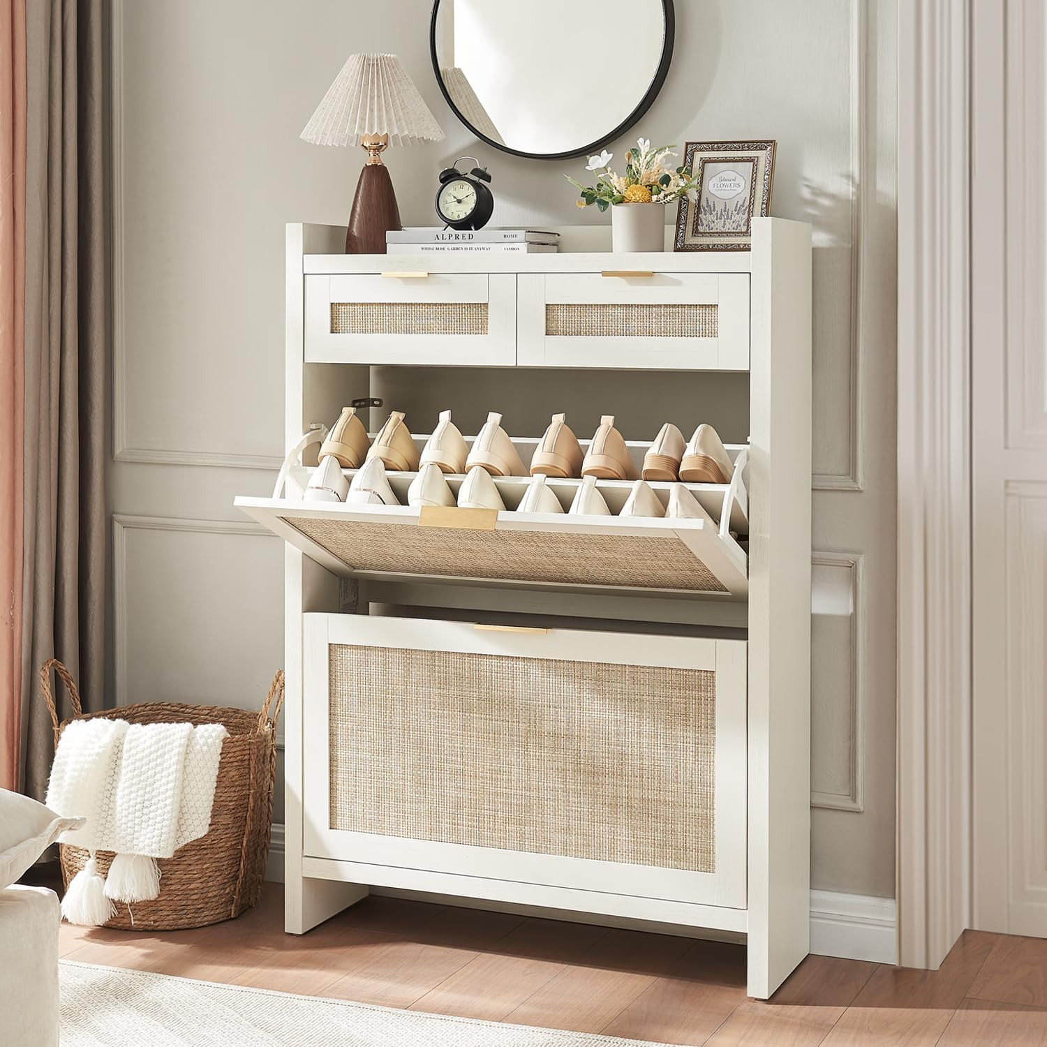 Rattan Shoe Storage Cabinet with 2 Drawers & 2 Flip Drawers – Hidden Slim Shoe Organizer for En... | Amazon (US)