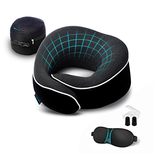 Proglobe Orthopedic Neck Pillow, Travel Neck Pillows for Airplanes, Memory Foam Kit, 360° Head Support, Airplane Pillow Set with 3D Contoured Eye Masks, Earplugs, and Luxury Mesh Bag (Black) | Amazon (US)