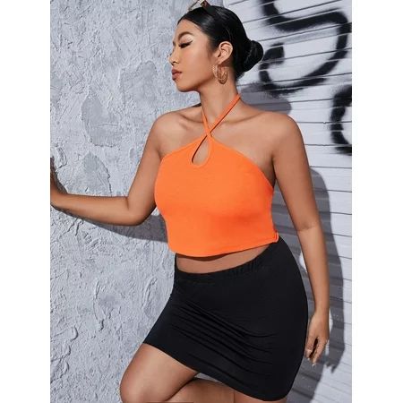 Women s Plus Neon Orange Criss Cross Crop Halter Top 20112W231614 | Walmart (US)