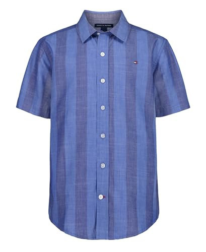 Tommy Hilfiger Boys' Short Sleeve Woven Button-Down Shirt, Lightweight & Breathable, Awning Stripe Beaucoup Blue, 8 | Amazon (US)