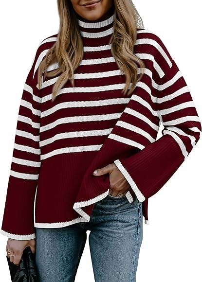BTFBM Women's Striped Sweaters Casual Turtleneck Side Slit Loose Knit Pullover Sweater Long Sleev... | Amazon (US)
