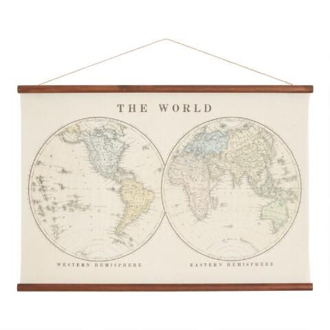 Hemisphere World Map Linen Scroll Wall Hanging | World Market
