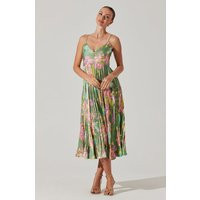 ASTR the Label | Maeve Pleated Satin Midi Dress in Green pink floral | Size L | ASTR The Label (US)