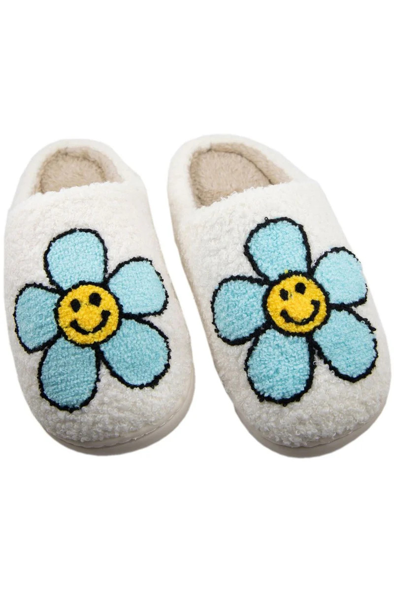 Mint Daisy Happy Face Slippers White / S/M | Katydid.com