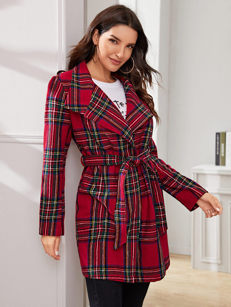 Tartan Print Open Front Belted Coat | SHEIN