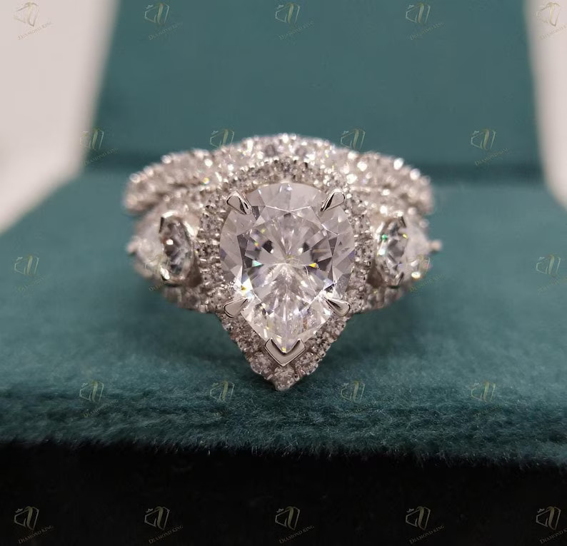 3.00 CT Pear Shaped Diamond Three Stone Halo Engagement Wedding Ring With Matching Band Set for W... | Etsy (US)