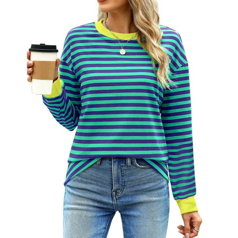 Fantaslook Striped Long Sleeve Shirts for Women Crewneck Tunic Tops Color Block Blouses Fall Pull... | Walmart (US)