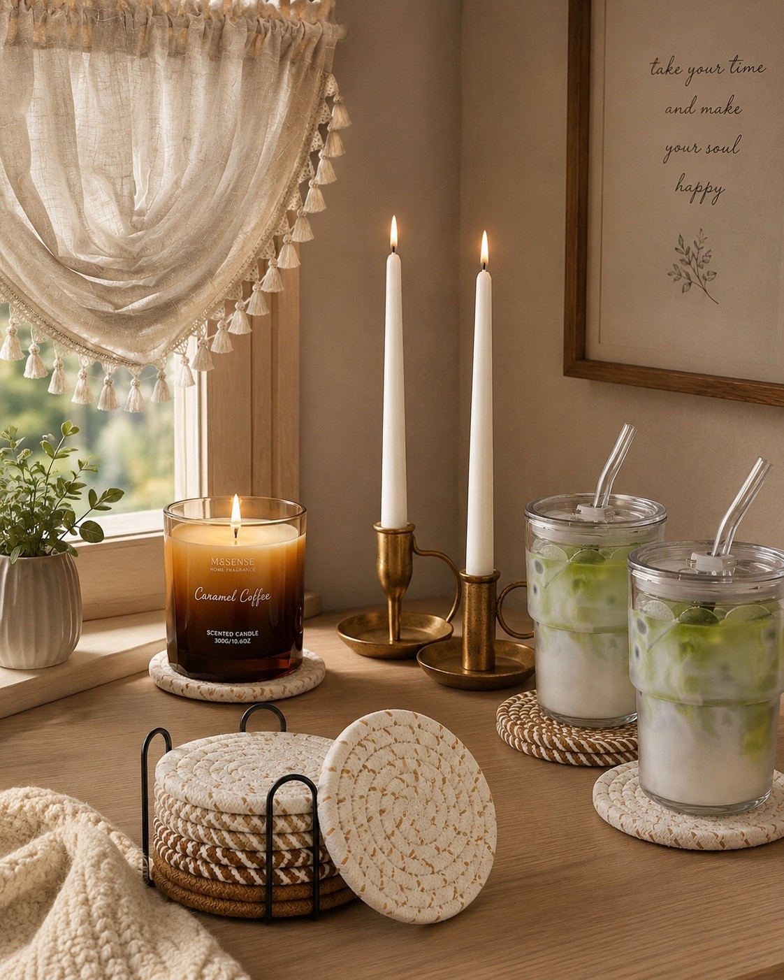 Cozy little Amazon finds that make a space feel so warm and put together. 
The coasters, glass tumblers, brass candle holders and that pretty linen valance are such an easy combo for a cozy corner.

#LTKHome #AmazonFinds #AmazonHome #CozyHome #HomeDecor #NeutralHome #LTKFinds

#LTKHome