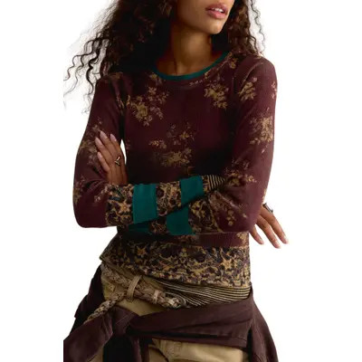 Free People Easy Does It Floral Rib Stretch Cotton Top in Wine Combo at Nordstrom, Size Large | Nordstrom