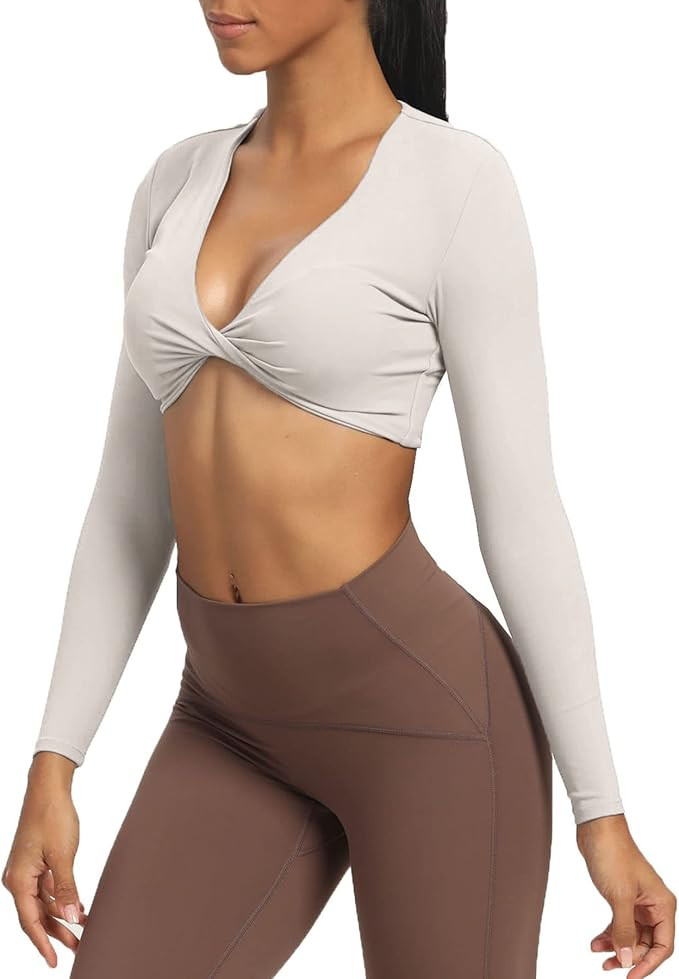 Aoxjox Long Sleeve Crop Tops for Women Sienna Twist Deep V Workout Crop T Shirt Top | Amazon (US)