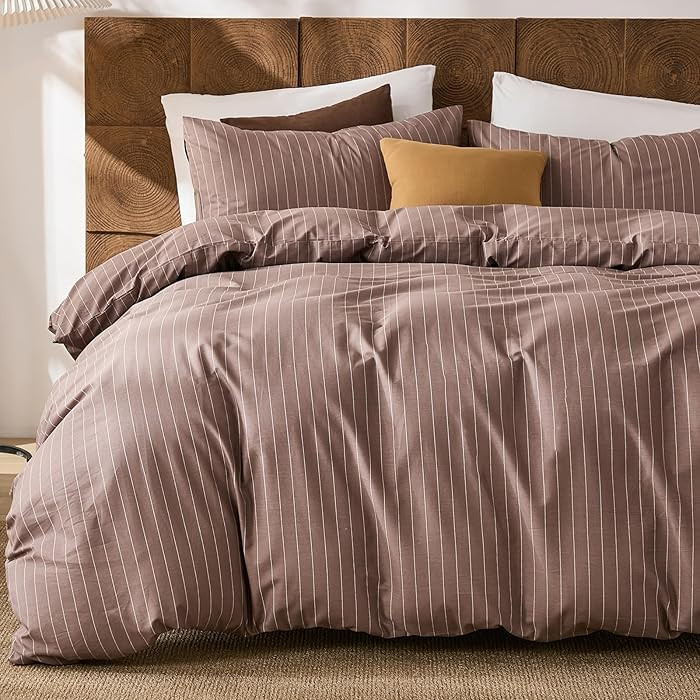 Merryword 100% Cotton Duvet Cover Set King Size, Brown Pinstripe Bedding Set with 2 Pillowcases, ... | Amazon (US)