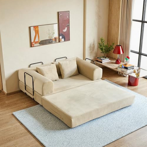 THOLASIS 59in Convertible Sofa Bed, Corduroy Boneless Couch Bed, Futon Sleeper Sofa Pull Out Bed, Foldable Couch for Living Room Apartment, No Assembly Required | Amazon (US)
