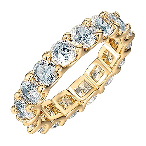 PAVOI 14K Yellow Gold Plated Cubic Zirconia Love Ring - 4mm Stackable Bands for Women - Gold Eternity Rings, Size 6 | Amazon (US)