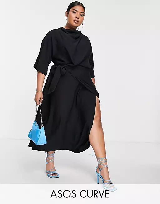 ASOS DESIGN Curve cowl neck midi dress with wrap skirt in black | ASOS (Global)