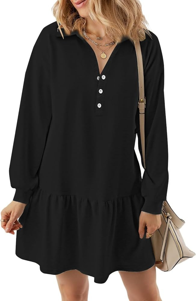 Women's Casual Dresses Long Sleeve Button V Neck Sweatshirt Dress Lapel Collared Pullover Dress | Amazon (US)