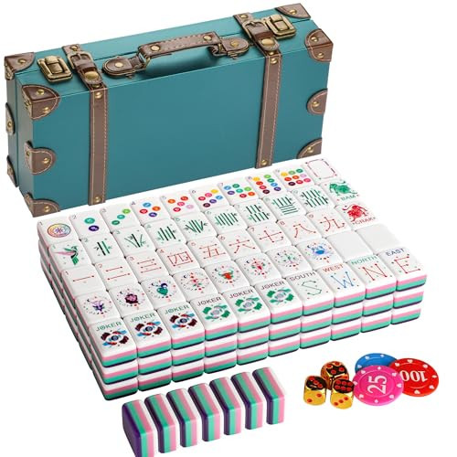 Topmahjing American Mahjong Tile Set, 166 4-Layer Colorful Acrylic Carved Tiles with Zodiac-Themed Design, 100 Chips, 3 Gold Dice, Vintage Leather Travel Case | Amazon (US)