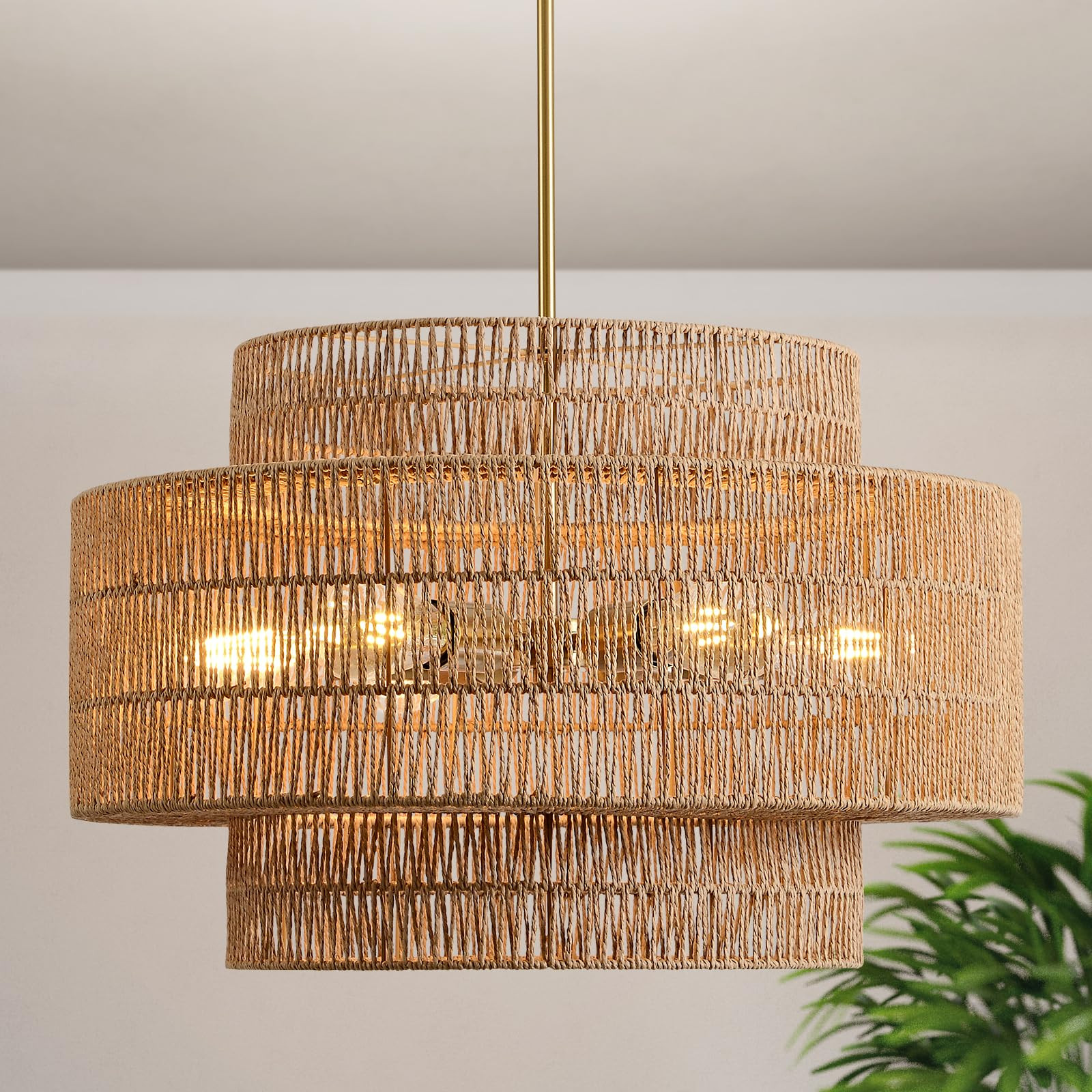 24” Boho Large Rattan Chandelier Light Fixture,6-Light Large Hand Woven Pendant Light Fixture F... | Amazon (US)