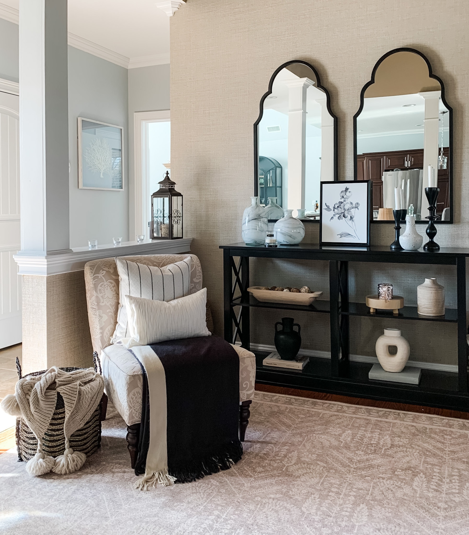  Spring refresh console table styling. Black console table, black scallop mirrors on sale,  neutral area rug on sale at Wayfair! Side chair on sale, New decor, black candleholders on clearance, cozy and soft black and cream fringe throw blanket ships free, textured throw pillow, basket, neutral vases, wood riser, wood bowl. Crate & Barrel, Target, Kirkland’s Home, Ballard Designs, Walmart. Home decor accessories, interior styling, design. Free shipping .


#LTKsalealert #LTKunder50 #LTKhome