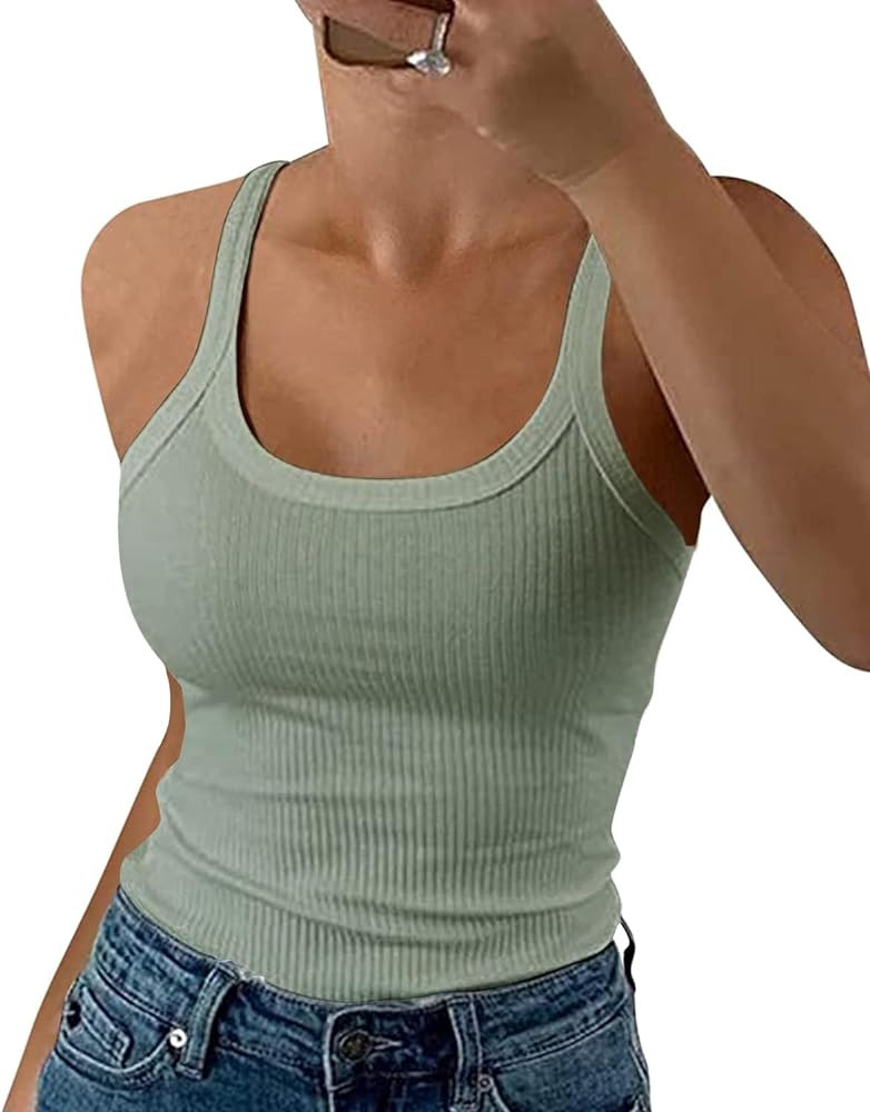 GEMBERA Women Spaghetti Strap Scoop Neck Ribbed Tank Tops Slim Fitted Cotton Camisole Basic Sleev... | Amazon (US)