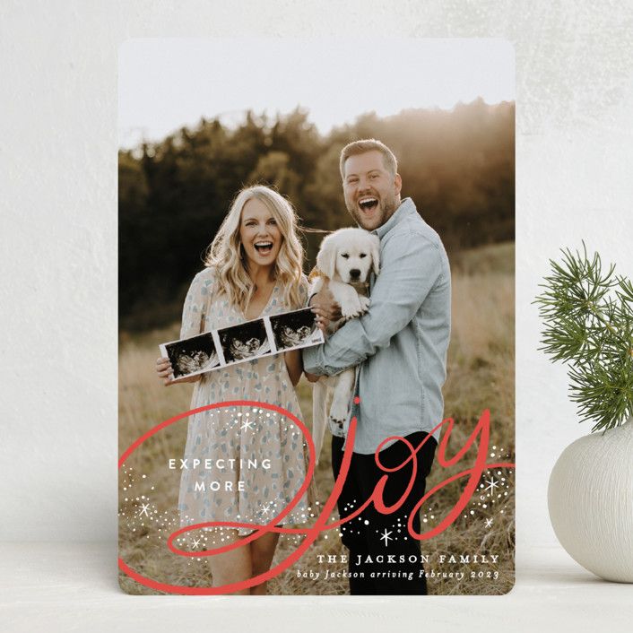 "Expecting More Joy" - Customizable Holiday Birth Announcements in Red by Alethea and Ruth. | Minted