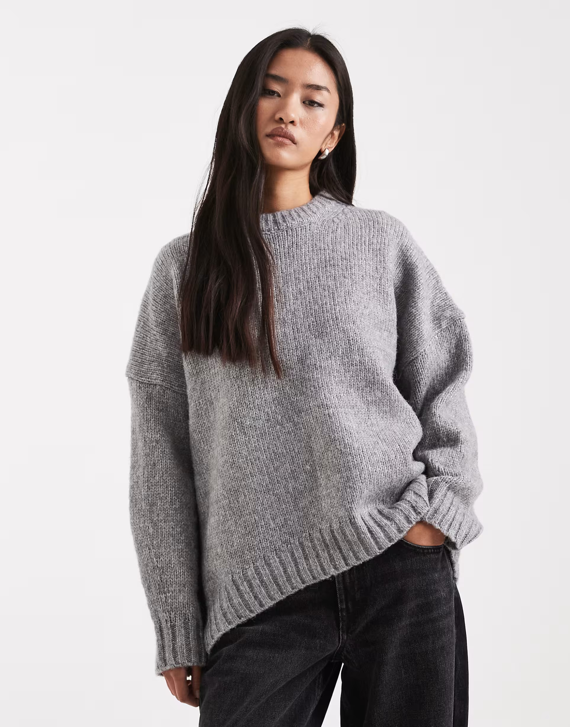 ASOS DESIGN oversized crew neck sweater with curved hem in gray | ASOS | ASOS (Global)