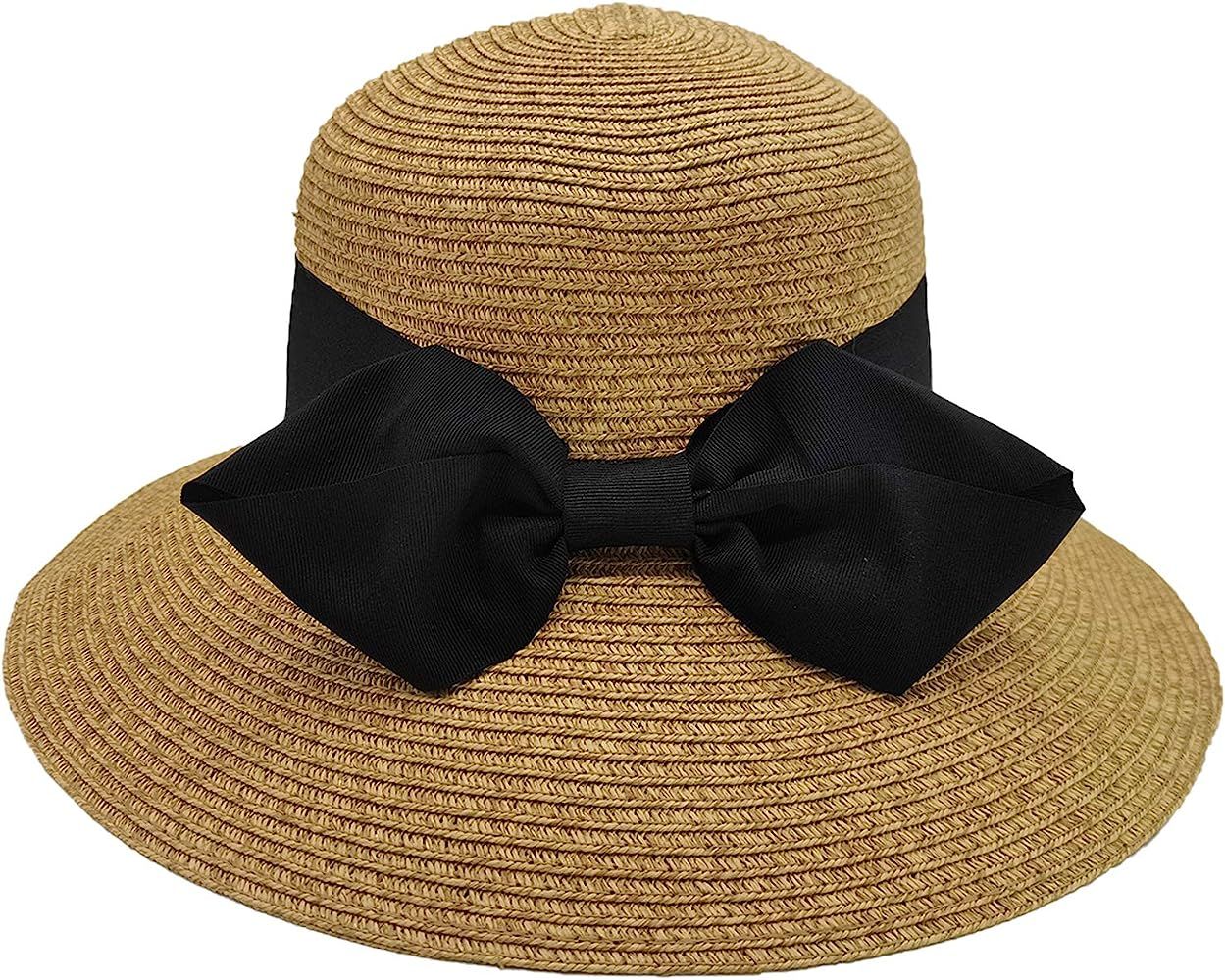 Women's Packable Wide Brim Beach Sun Straw Hat, UV Upf50+ Summer Folable Floppy Travel Bucket Hats f | Amazon (US)