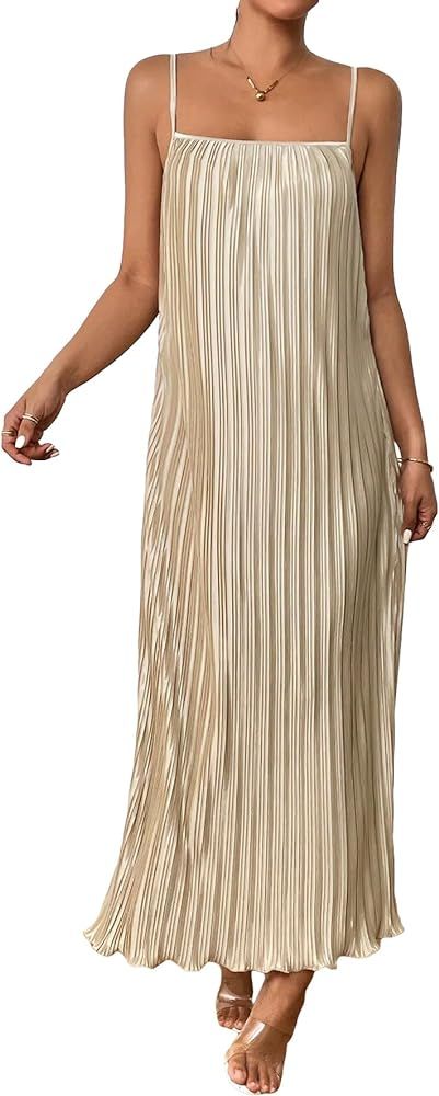 OYOANGLE Women's Sleeveless Spaghetti Strap Pleated Straight Flowy Long Maxi Cami Dress | Amazon (US)