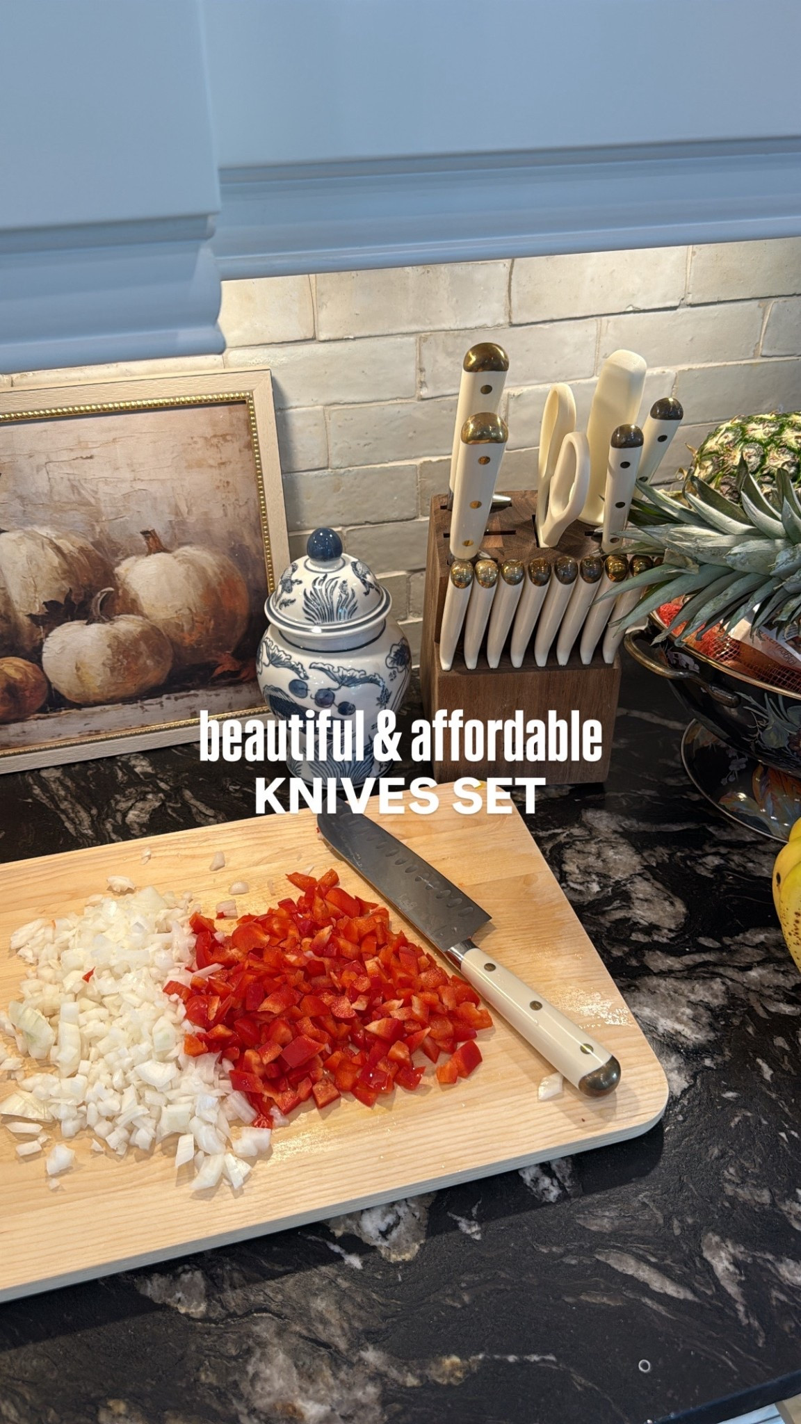 Beautiful and affordable knife, set knives, set white and brass knives, cutting board, kitchen, decor, kitchen, accessories, kitchen organization

#LTKHome #LTKFindsUnder100 #LTKSeasonal
