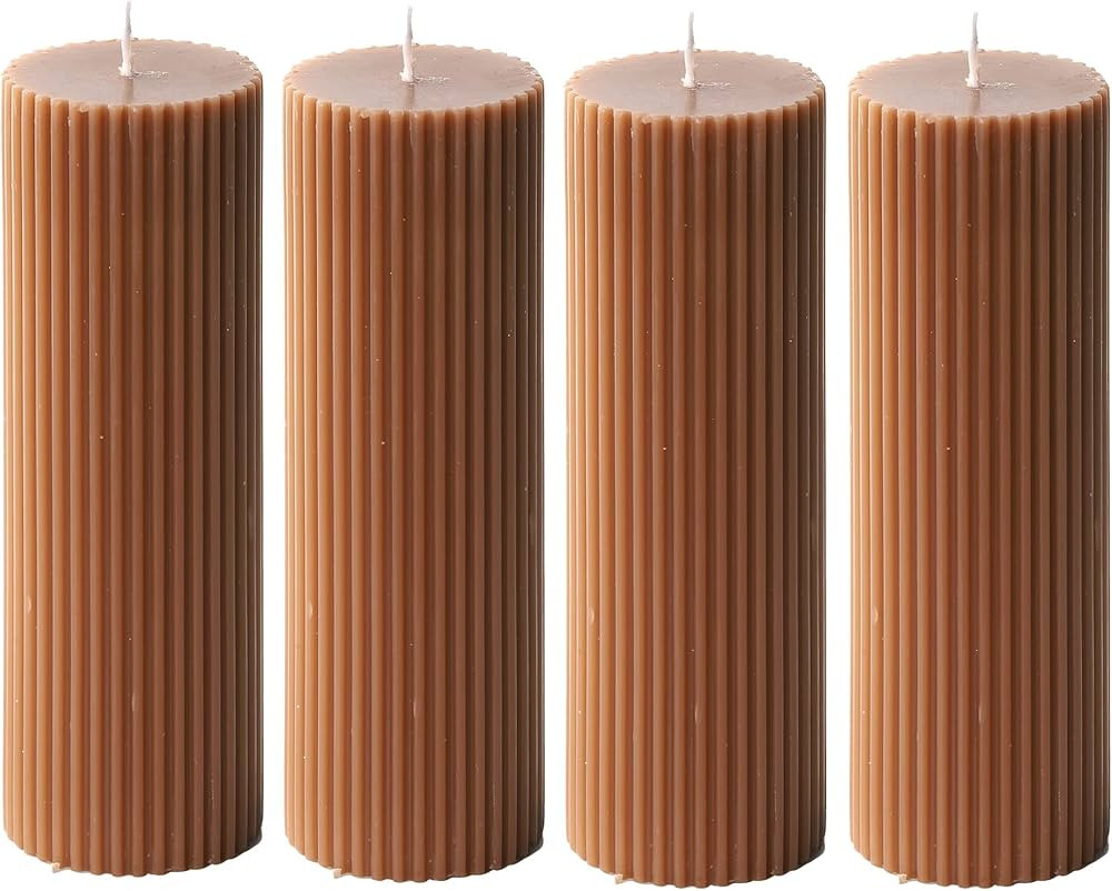 Ribbed Pillar Candles 2x6'' Fluted Column Modern Home Décor Soy Wax Handmade (4 Packs, Brown) | Amazon (US)