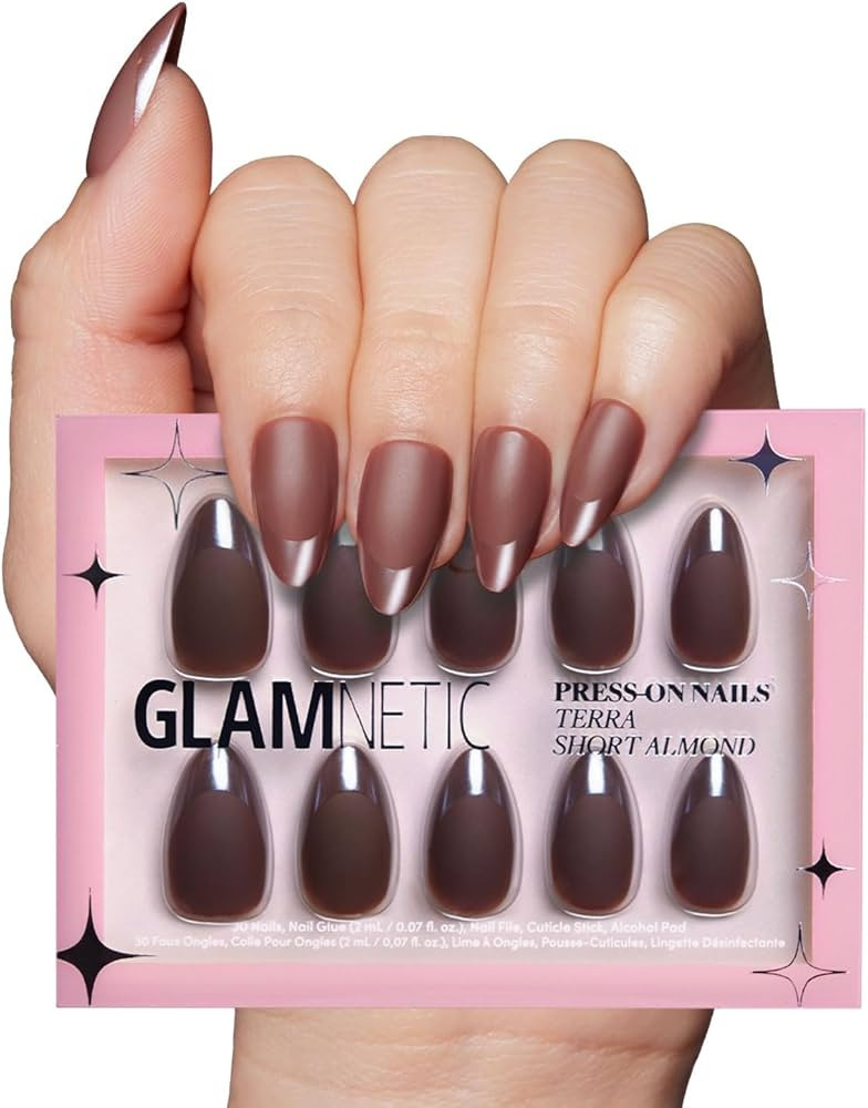 Glamnetic Press On Nails - Terra | Short Almond Dark Brown Nails with Glossy French Tips in a Mat... | Amazon (US)