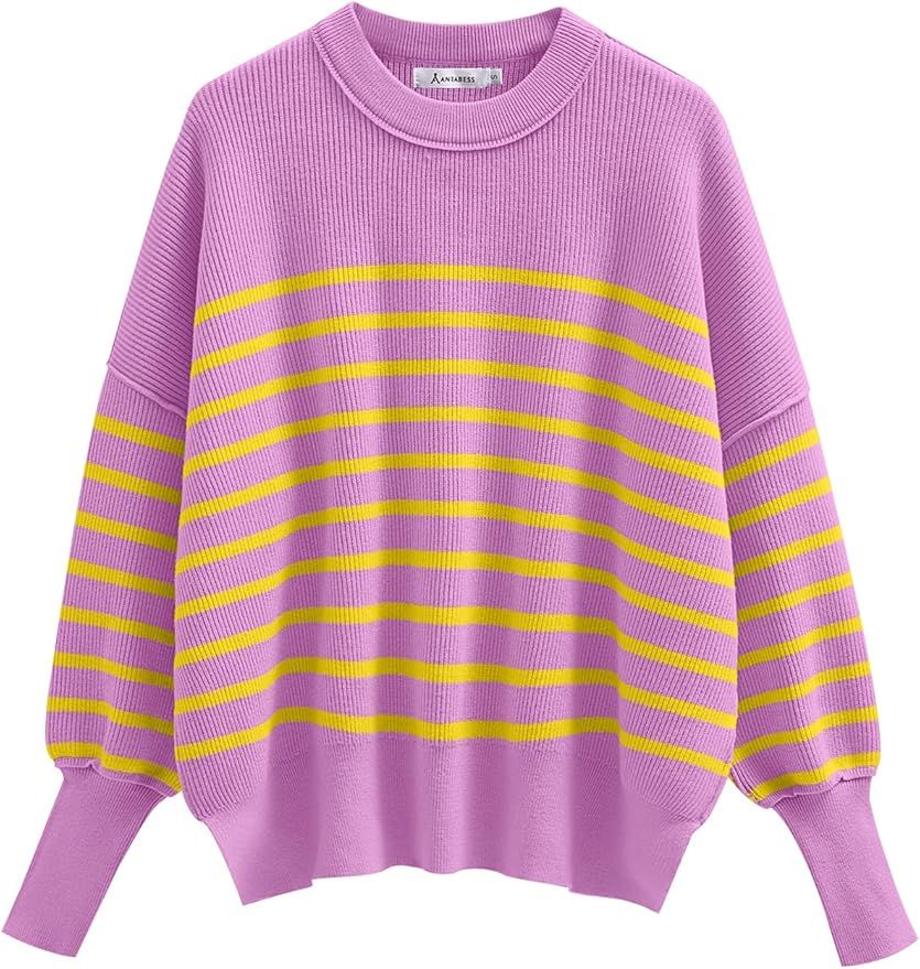 ANRABESS Oversized Sweaters for Women Fall 2023 Crewneck Batwing Long Sleeve Side Slit Knit Pullo... | Amazon (US)