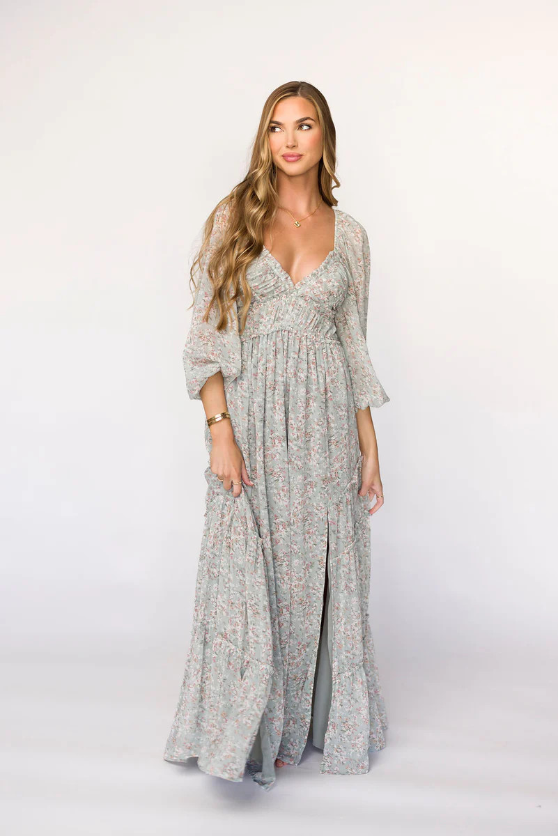 Daphne Long Sleeve Maxi Dress in Sage/Pink/Ivory Floral - Bump Friendl | Worth Collective