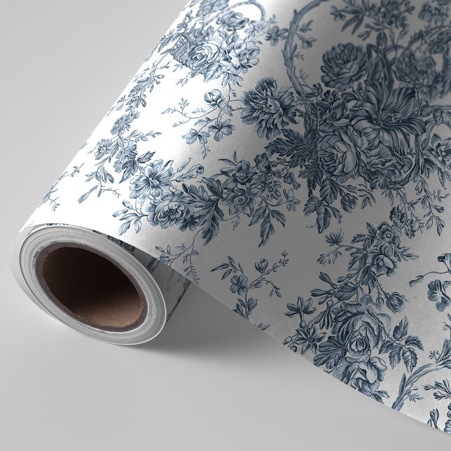 Elegant Vintage French Engraved Floral Toile-Blue Wrapping Paper | Zazzle | Zazzle